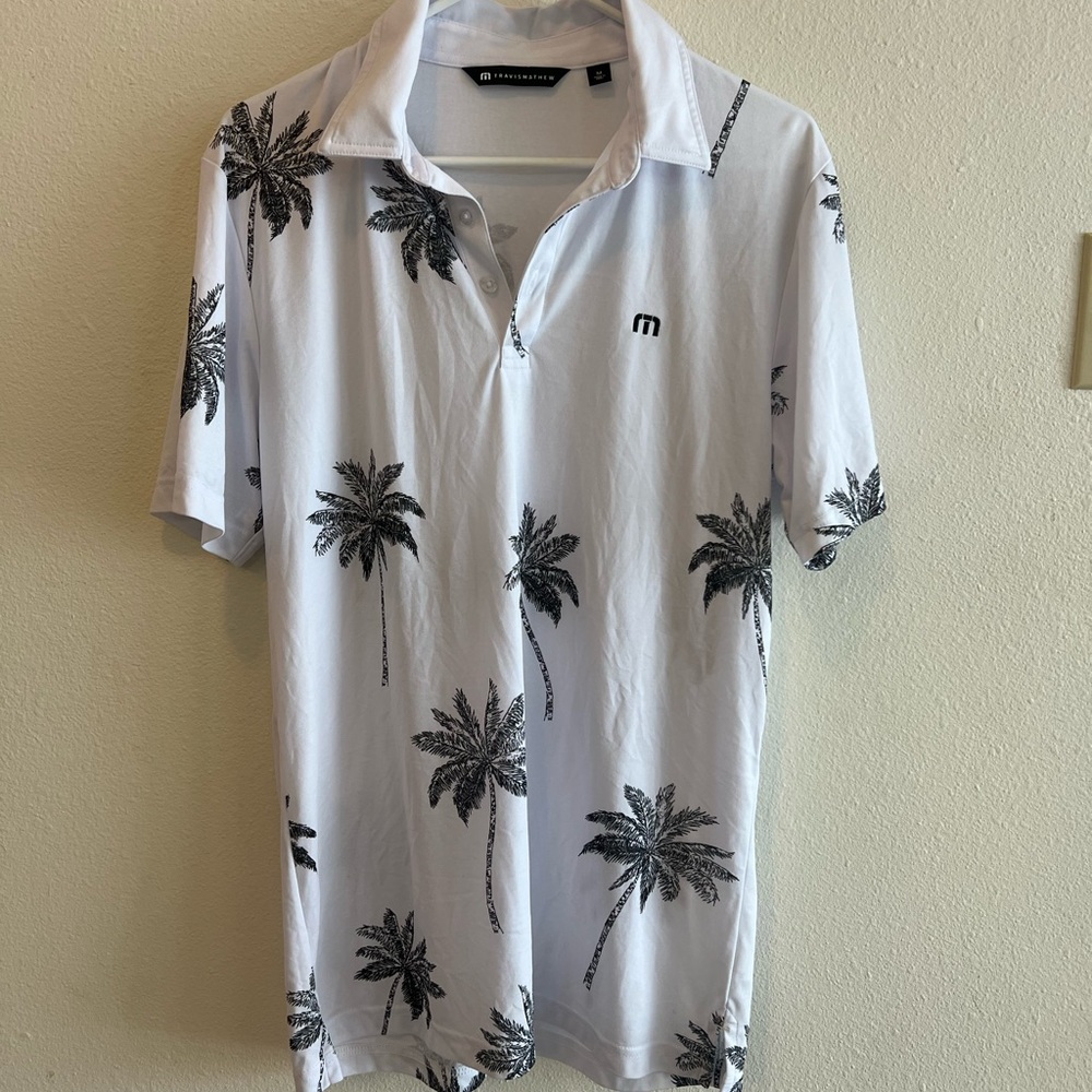 Travis Mathew White Polo with Black Palm Print Size Medium